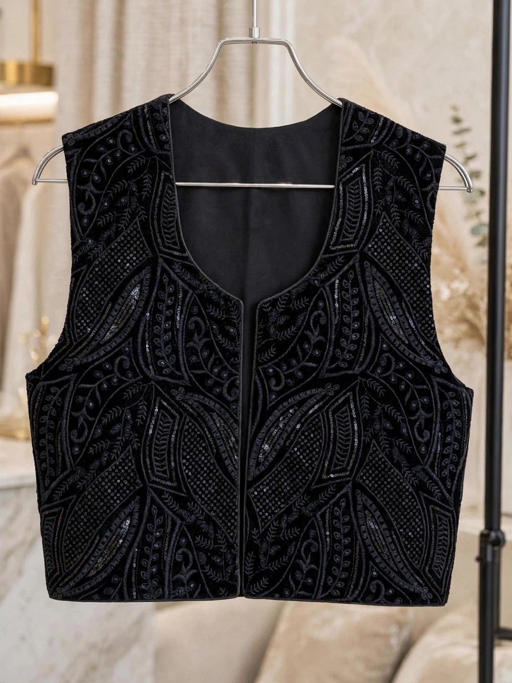 Embroidered Black Velvet Women's Vest Handmade